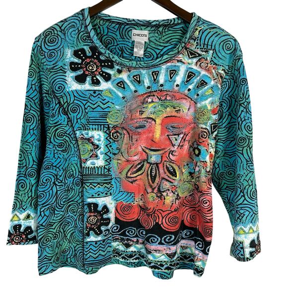 Chico's‎ Tribal Face All Over Print Cotton 3/4 Sleeve Tee Sz L Abstract Colorful - Picture 1 of 7